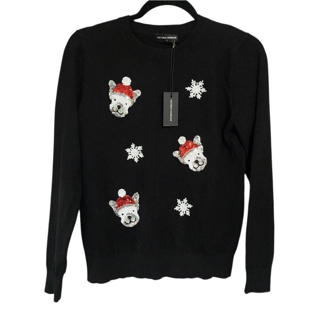 Victoria Harbour Christmas Sweater S Sequin Santa Dog Snowflake NWT